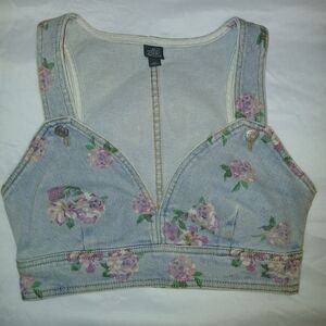 Denim Crop Top-side Zip With Beauitiful Flowers